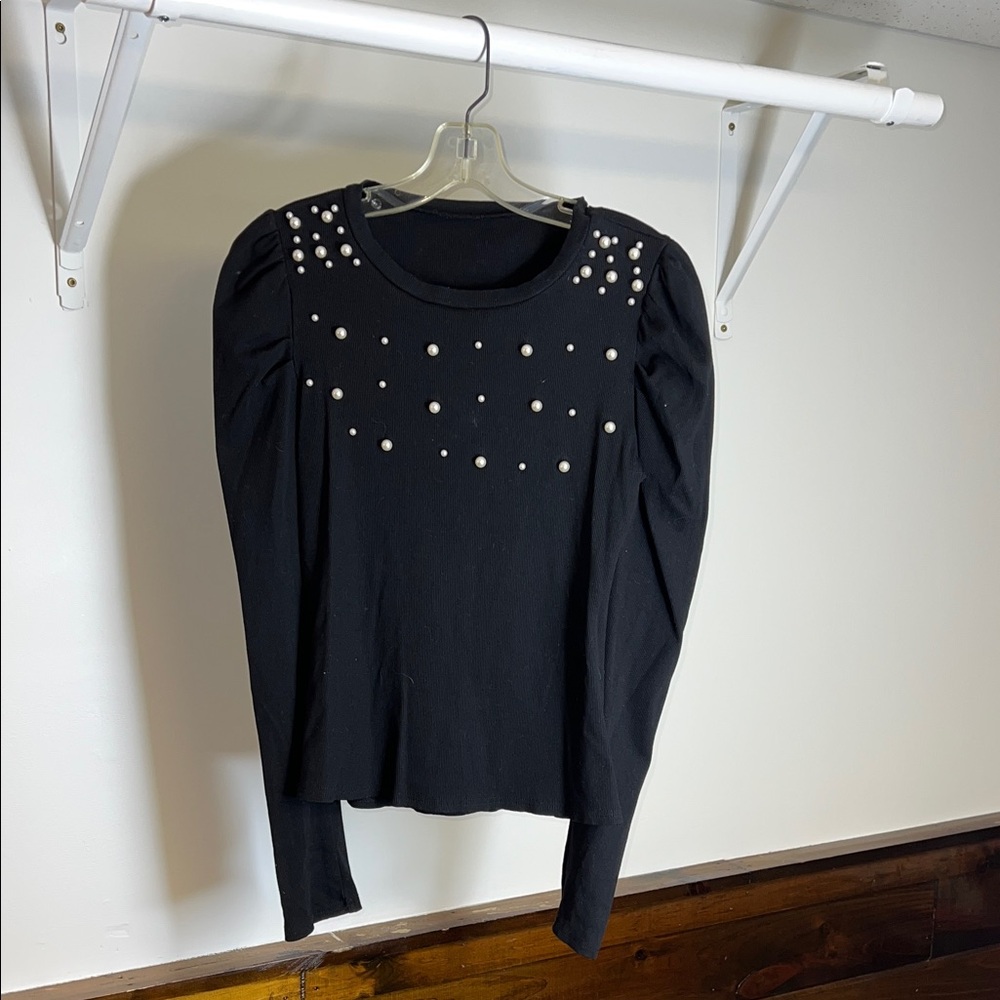 Amazon Black Long Sleeved Ribbed Stretchy Pearl Embellished Women's Top-‎ M